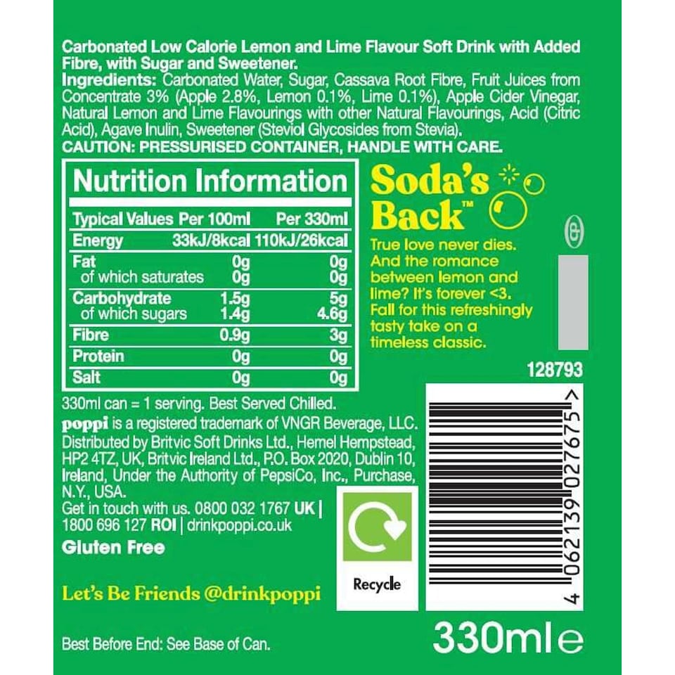 image 1 of Poppi LEMON & LIME Soda Low Sugar 330ml