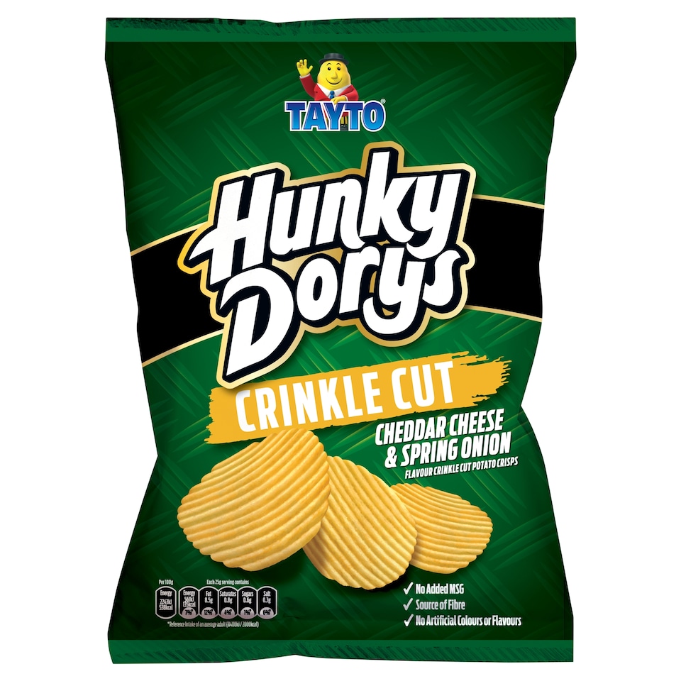 Tayto Hunky Dorys Crinkle Cut Cheddar Cheese & Spring Onion  Flavour Potato Crisps 130g