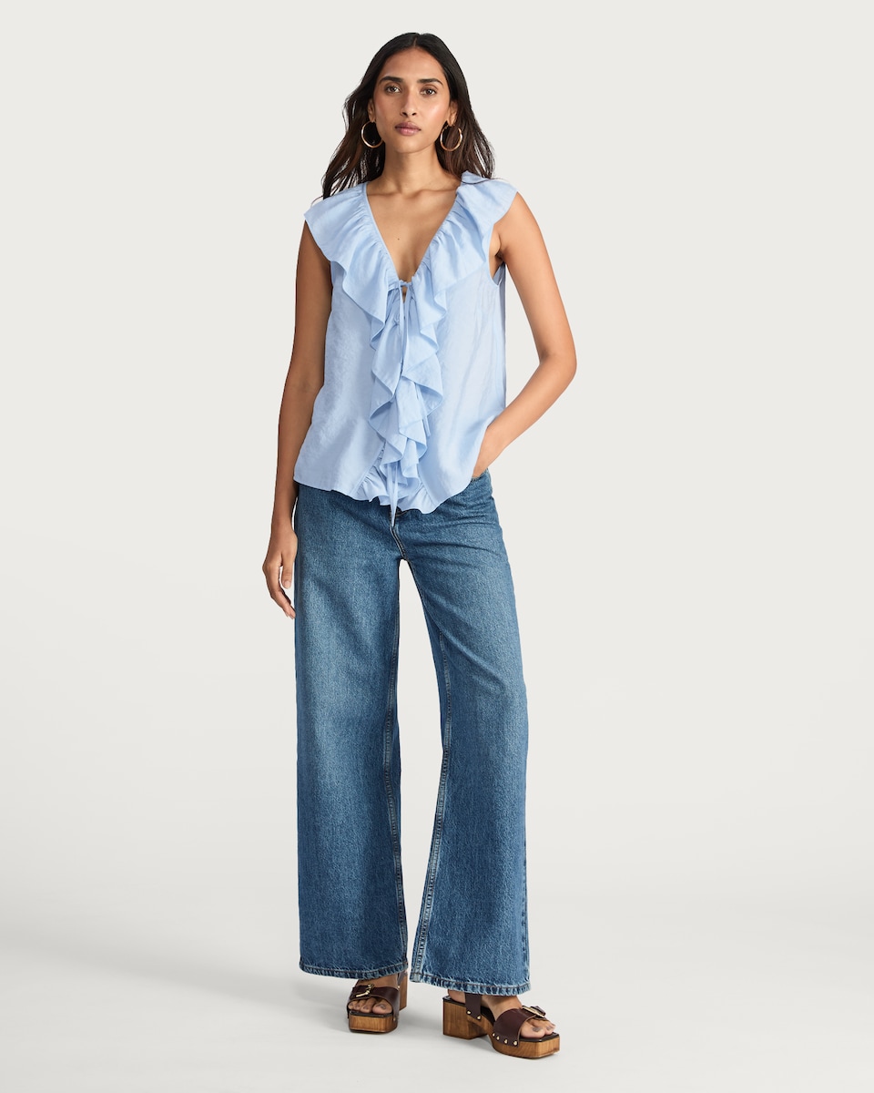 image 1 of F&F Modal Rich Sleeveless Ruffle Front Blouse in Blue