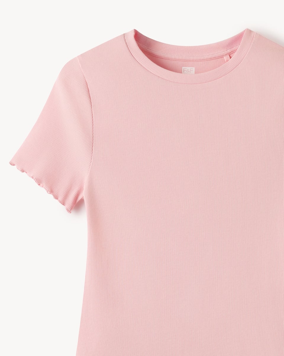 image 1 of F&F Cotton Rich Lettuce Hem T-Shirt in Light Pink