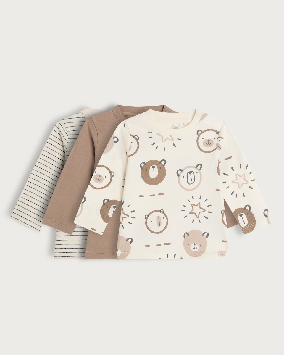 image 1 of F&F Baby 3-Pack Pure Cotton Bear Print Long Sleeved Tops in Cream