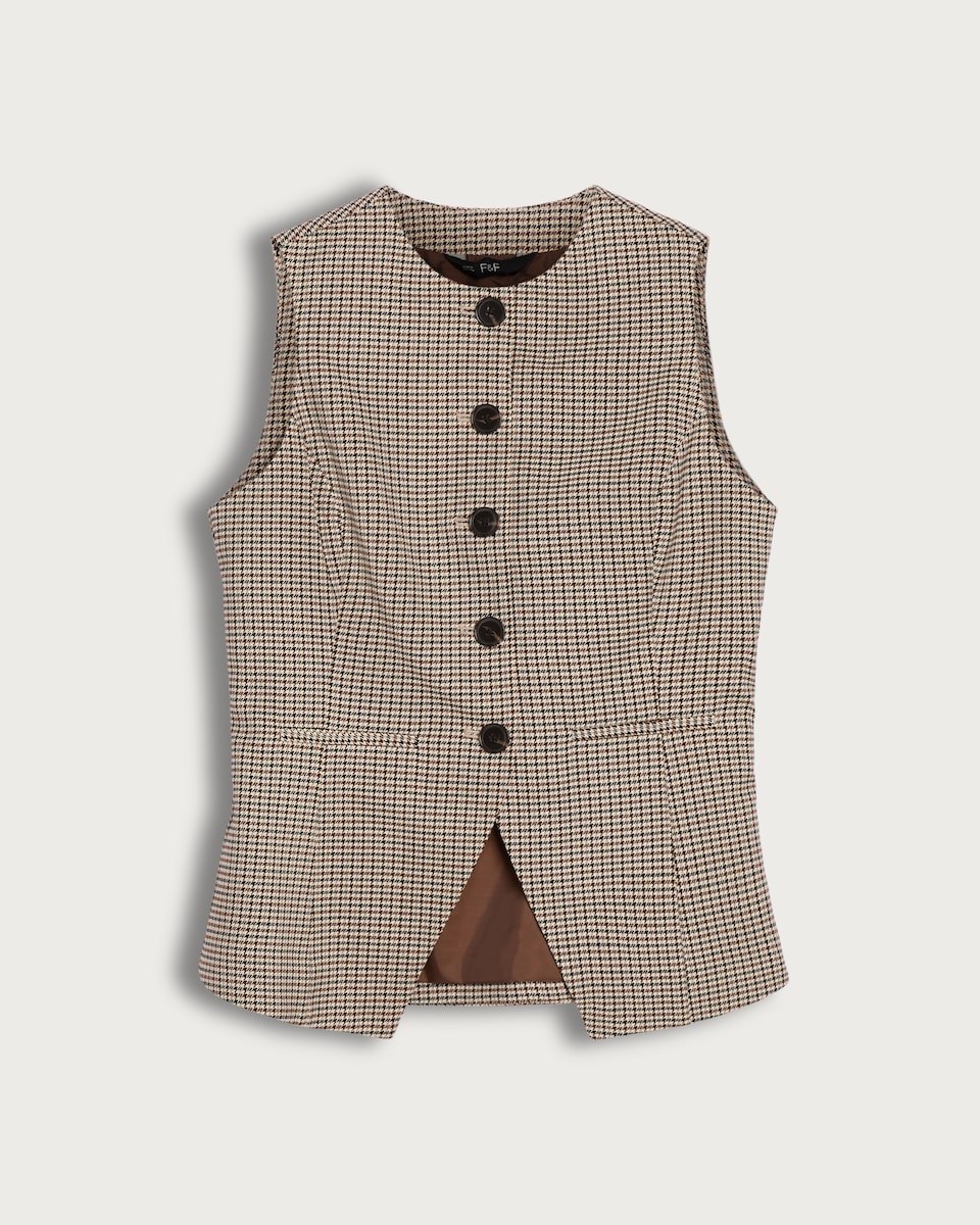 image 1 of F&F Houndstooth Print High Neck Buttoned Waistcoat in Brown