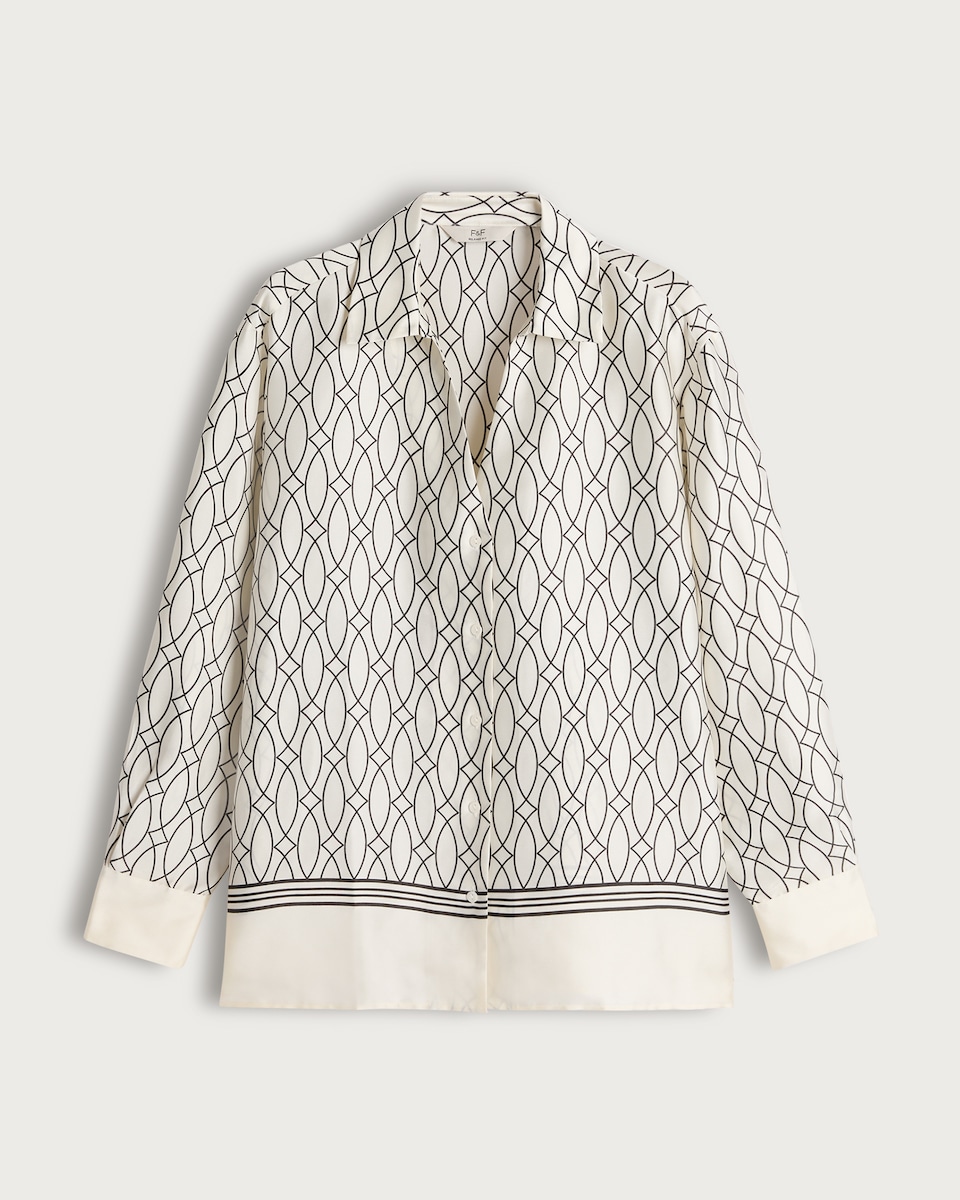 F&F Satin Geometric Print Button Up Shirt in Cream