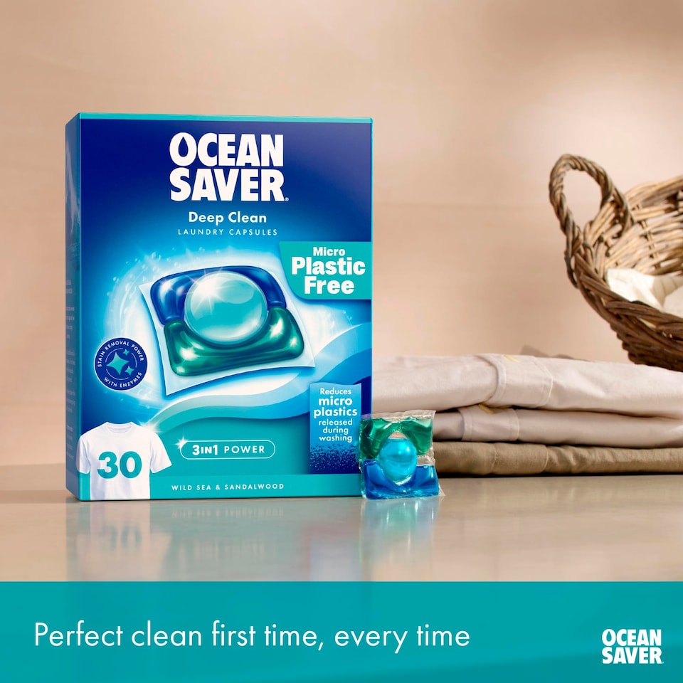image 1 of OceanSaver Plastic Free 30 Deep Clean Washing Capsules Wild Sea & Sandalwood 420ml 