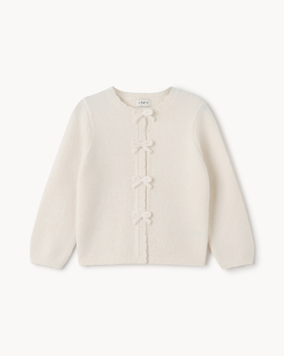image 1 of F&F Girls Bow Detail Cardigan in Neutral