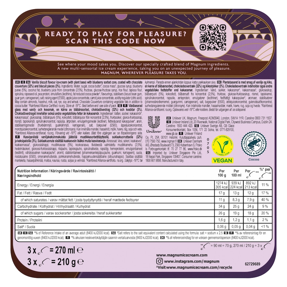 image 1 of Magnum Chill Chocolate, Blueberry Cookies Ice Cream Sticks 3x90ml