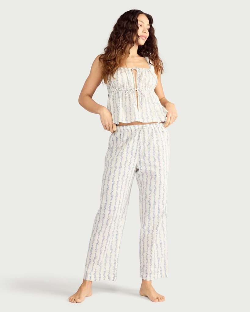 F&F Pure Cotton Floral Print Drawstring Pyjama Bottoms in Multi Blue