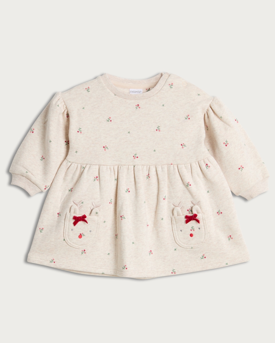 image 1 of F&F Baby Cotton Rich Floral Print Reindeer Pocket Dress in Stone