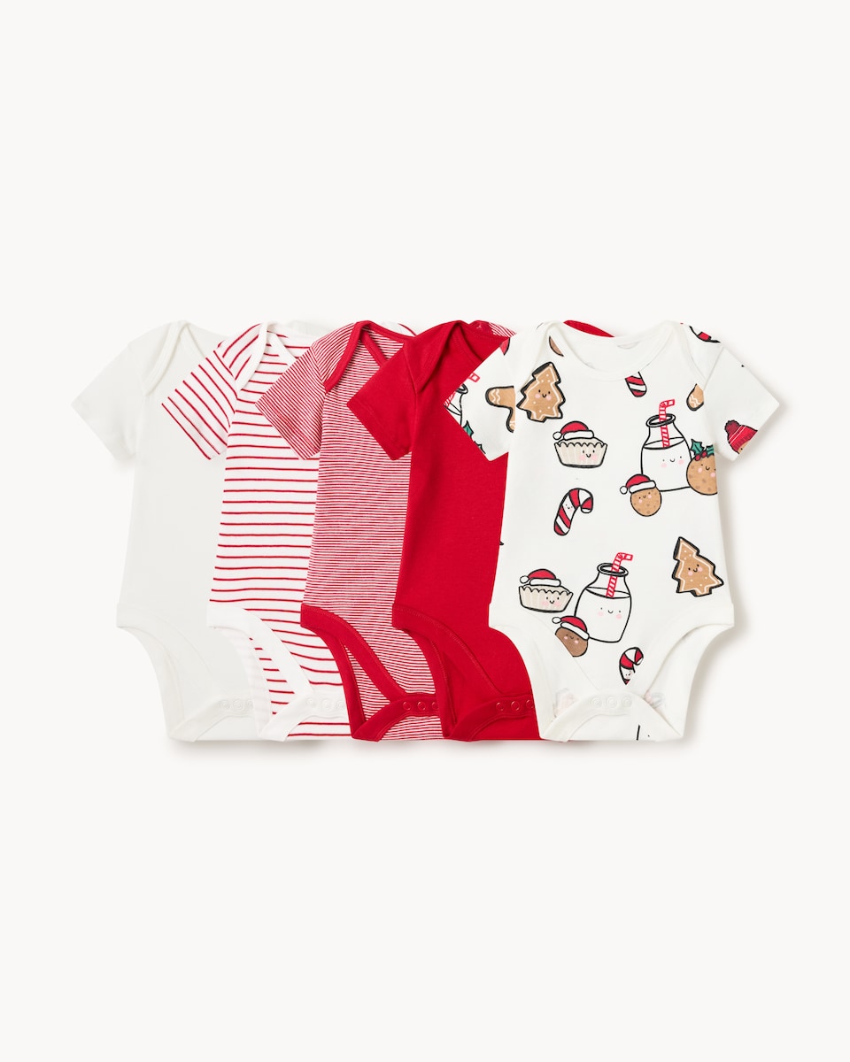 image 1 of F&F Baby 5-Pack Pure Cotton Christmas Short Sleeved Bodysuits in Red