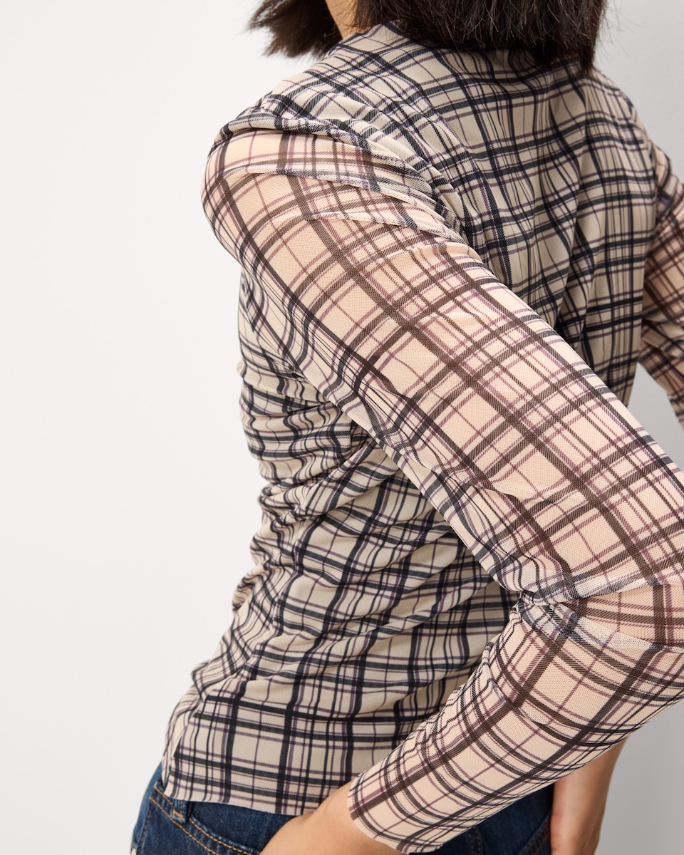 image 1 of F&F Mesh Checked Top in Chocolate