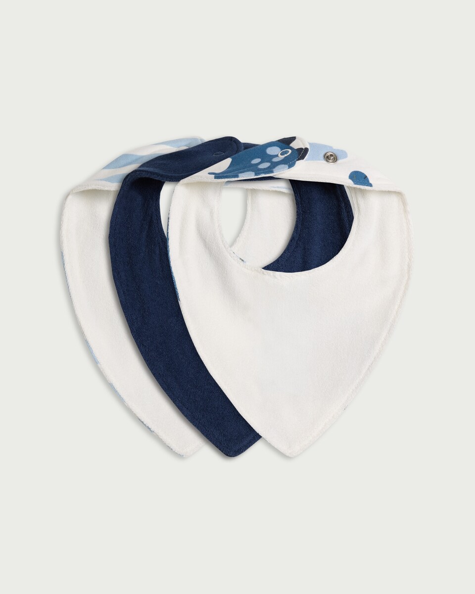 image 1 of F&F Baby 3-Pack Pure Cotton Dinosaur Print Dribble Bibs in Blue