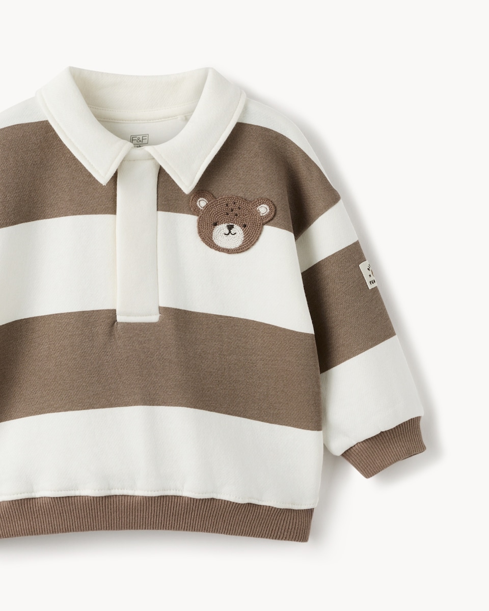 image 1 of F&F Baby 2-Piece Cotton Rich Striped Bear Sweatshirt and Joggers Set in Neutral