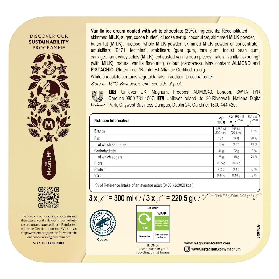 image 1 of Magnum White Chocolate Ice Cream Sticks 3x100ml