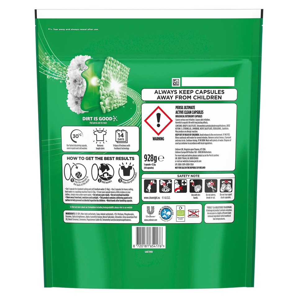 image 1 of Persil Ultimate Active Clean Laundry Washing Detergent Capsules 44 Washes 928g