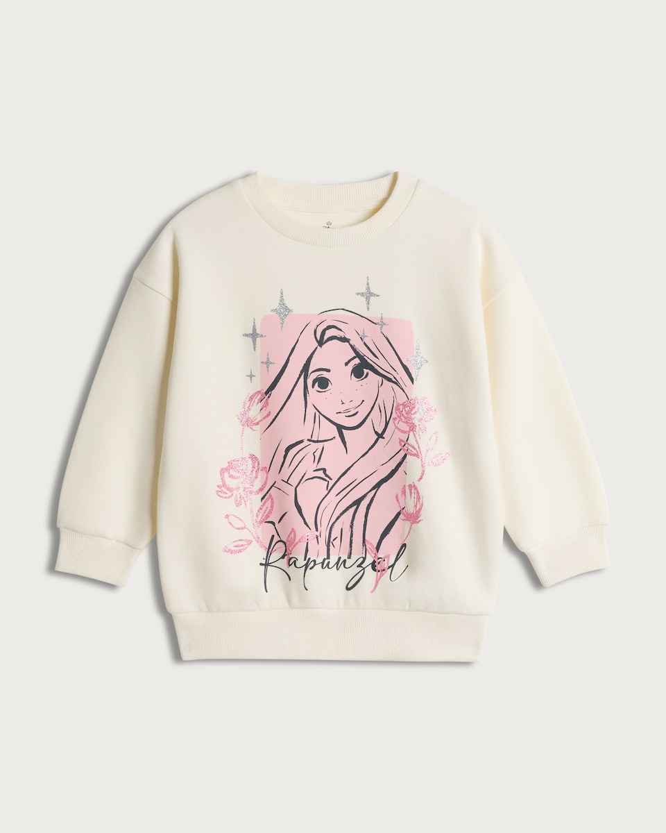 image 1 of Disney Cotton Rich Rapunzel Print Sweatshirt in Multi Pink