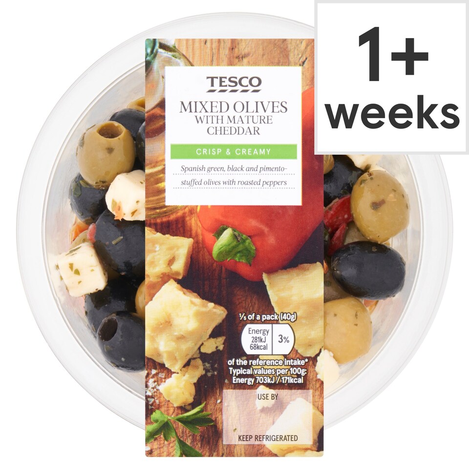 Tesco Mixed Olives With Mature Cheddar 200g Tesco Groceries
