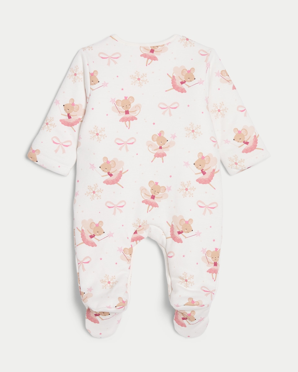 image 1 of F&F Baby Pure Cotton Padded Mouse Fairy Print Sleepsuit in White