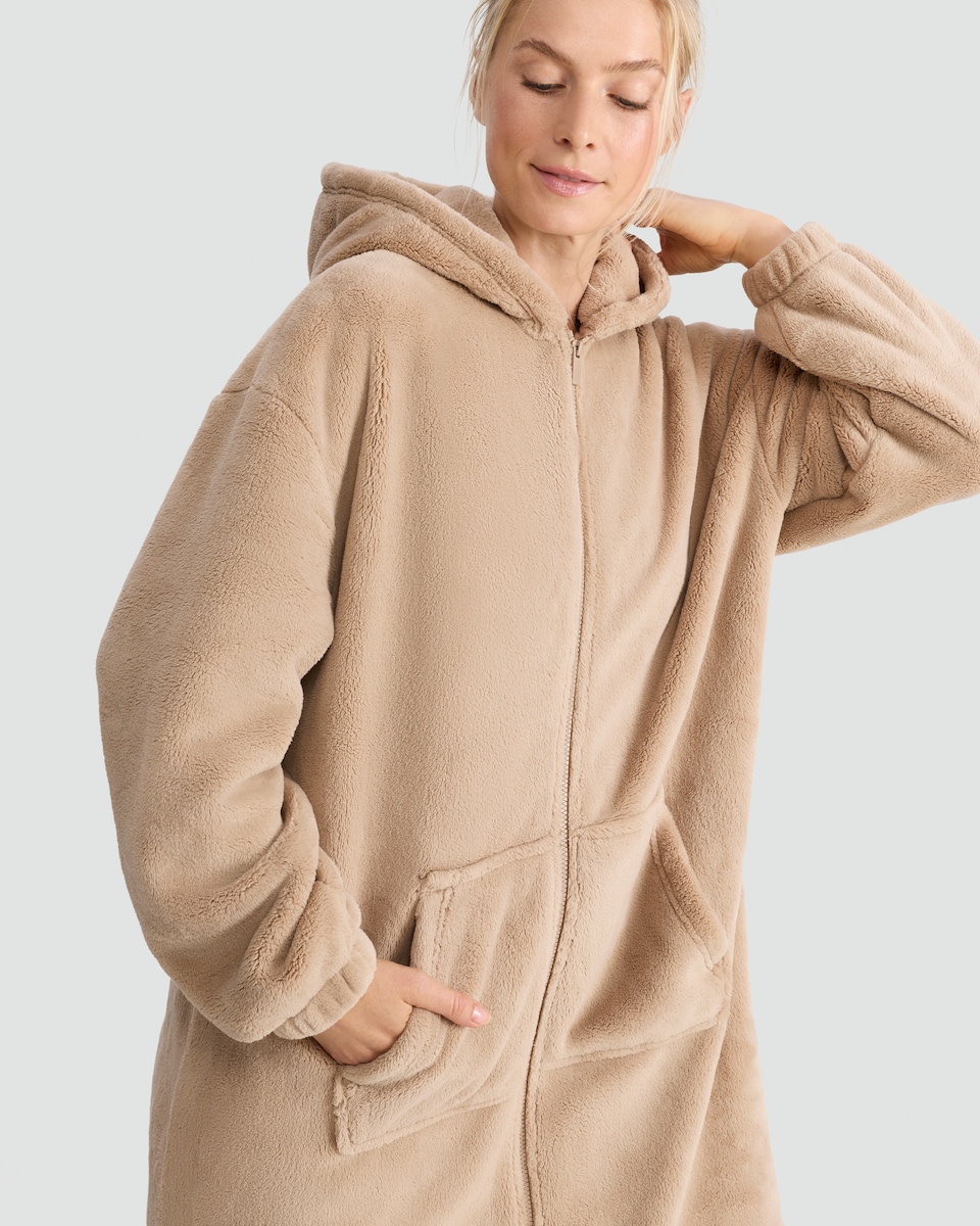 image 1 of F&F Fleece Hooded Zip Up Dressing Gown in Camel