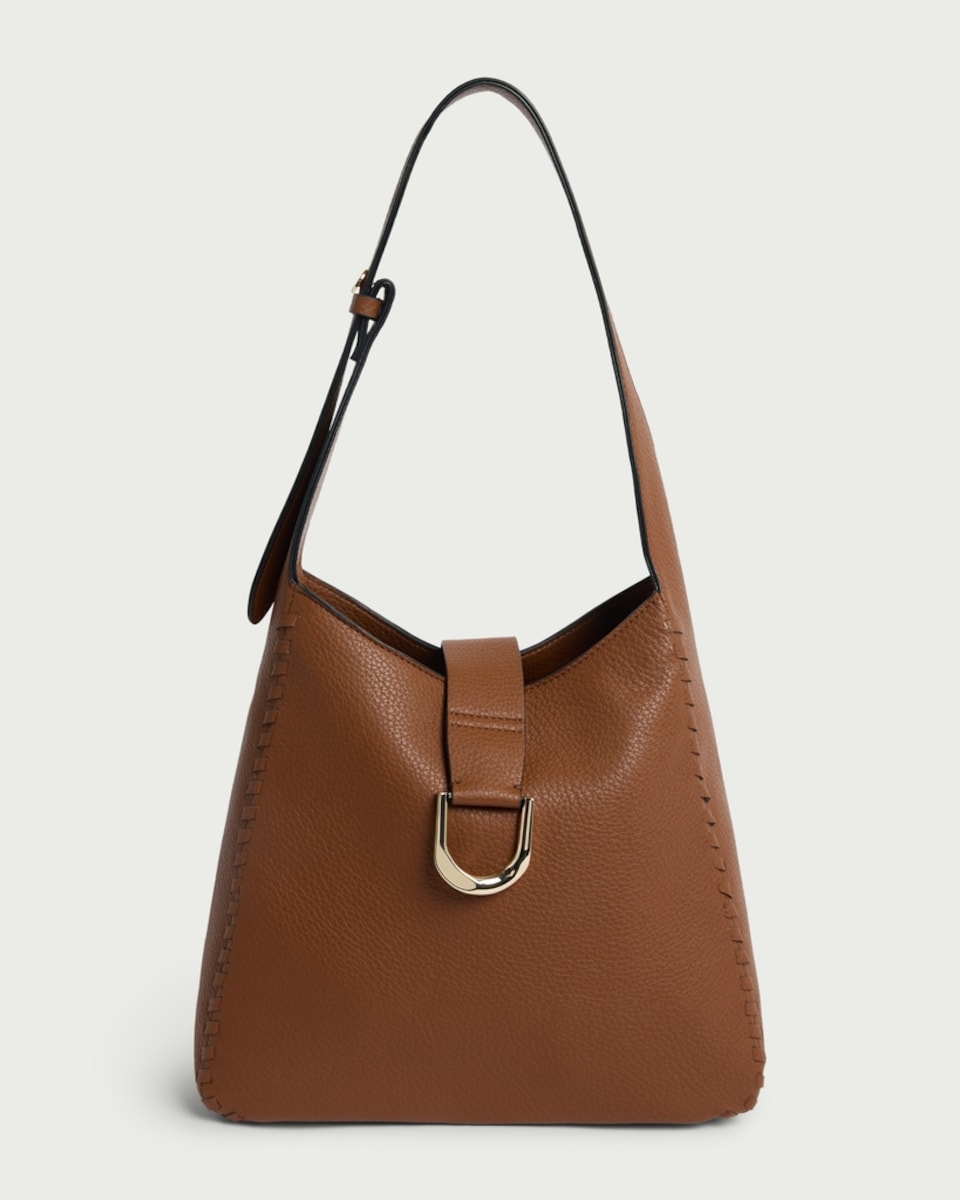 image 1 of SACHA Textured Shoulder Bag with Gold Buckle in Brown