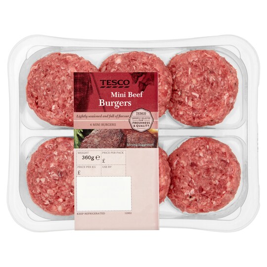 T. 6 MINI BEEF BURGERS 360G Tesco Groceries