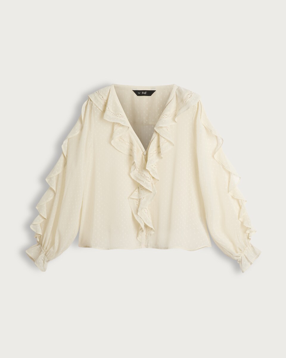 image 1 of F&F Woven Dobby Textured Ruffle Detail Blouse in Cream
