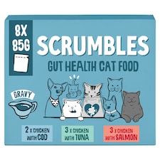 Scrumbles Gut Friendly Cat Food Gravy Selection with Cod Tuna & Salmon 8x85g