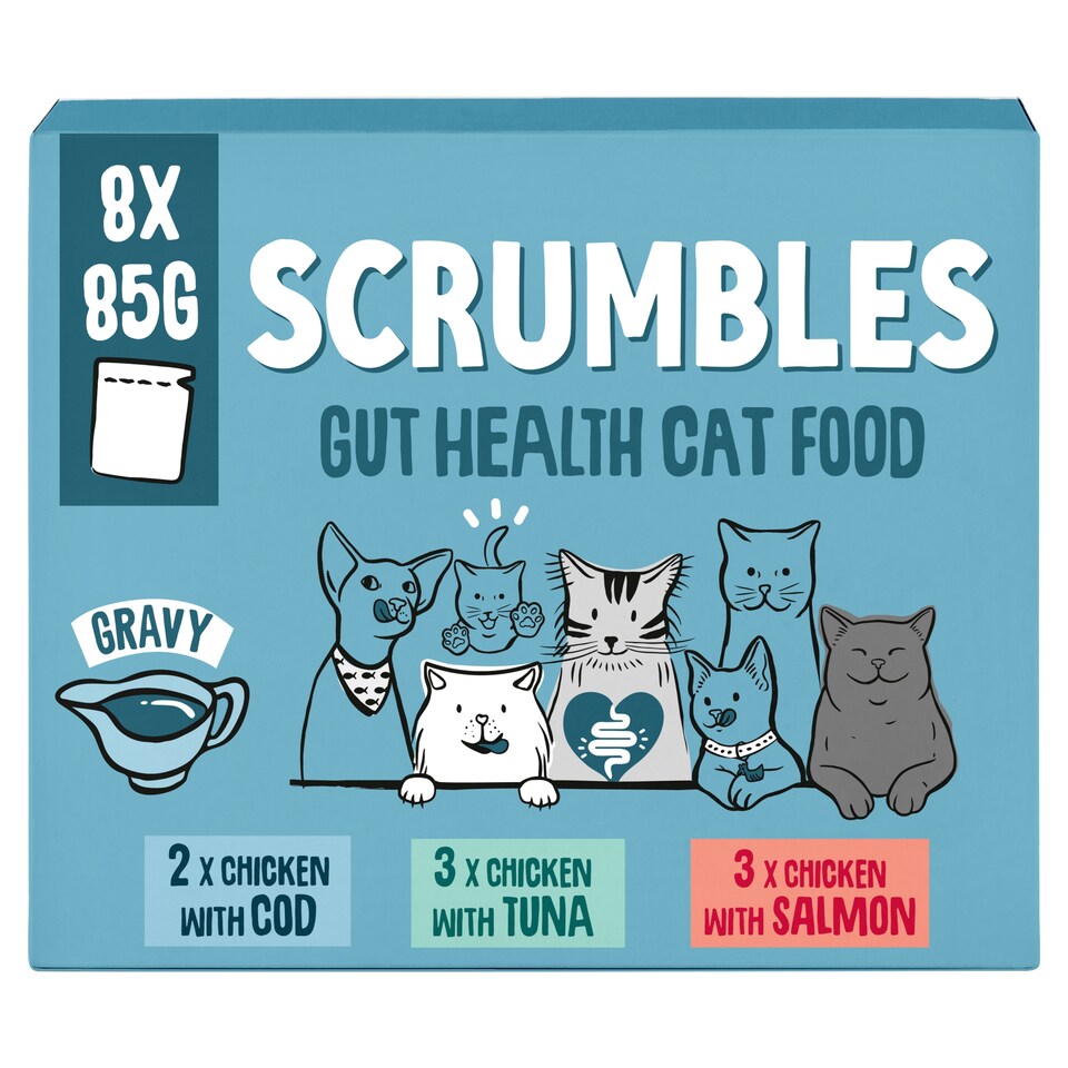 Scrumbles Gut Friendly Cat Food Gravy Selection with Cod Tuna & Salmon 8x85g