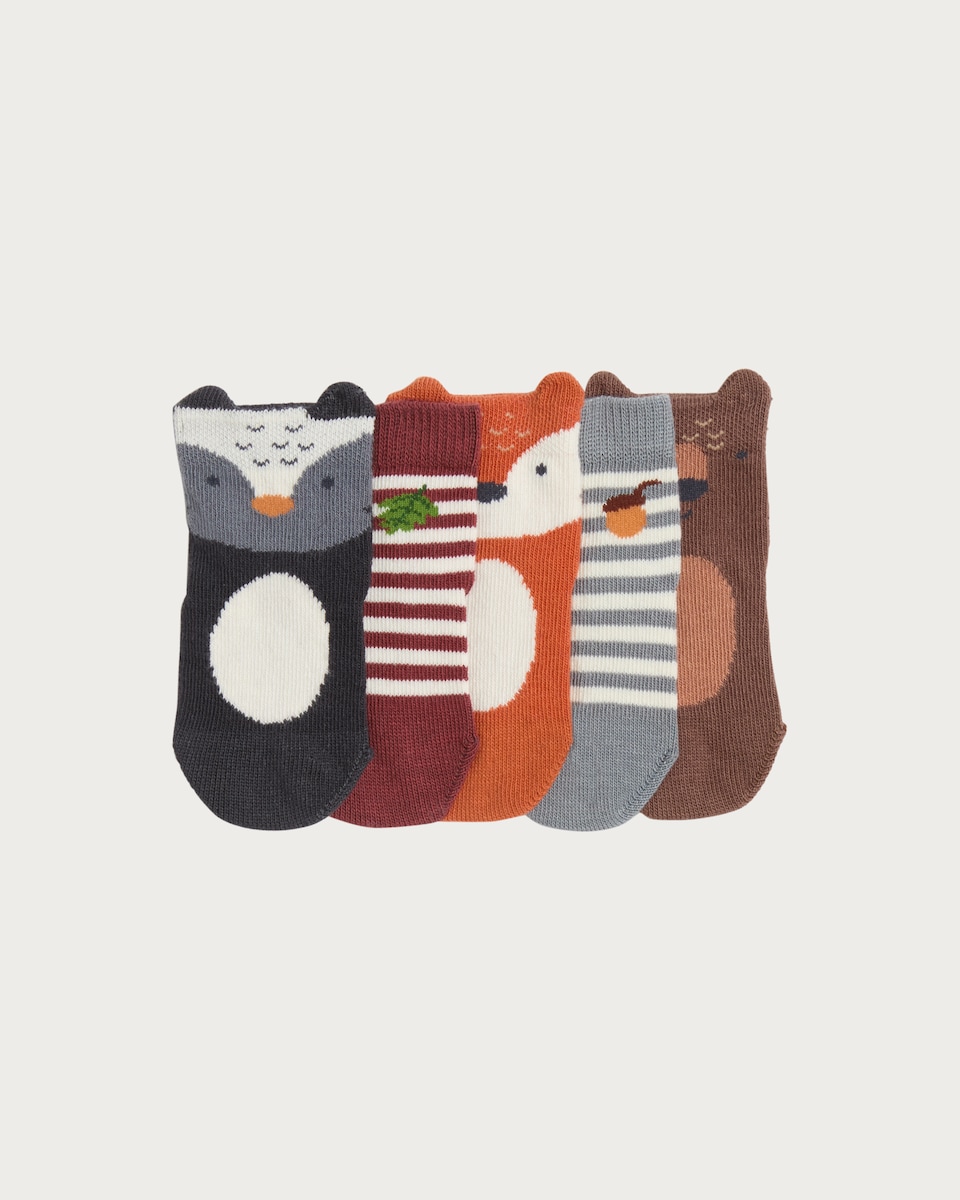 F&F Baby 5-Pack Cotton Rich Autumn Animal Ankle Socks in Multi