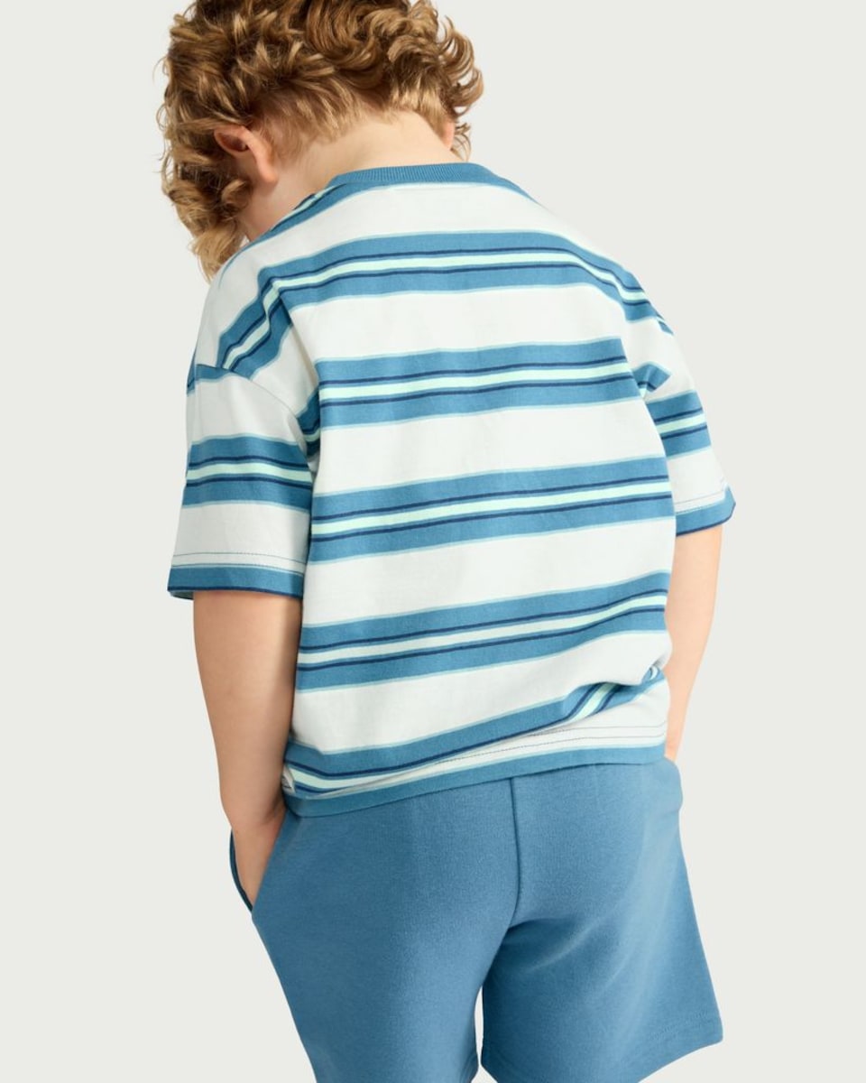 image 1 of F&F Boys 2-Pack Pure Cotton Striped T-Shirt and Shorts Set in Blue