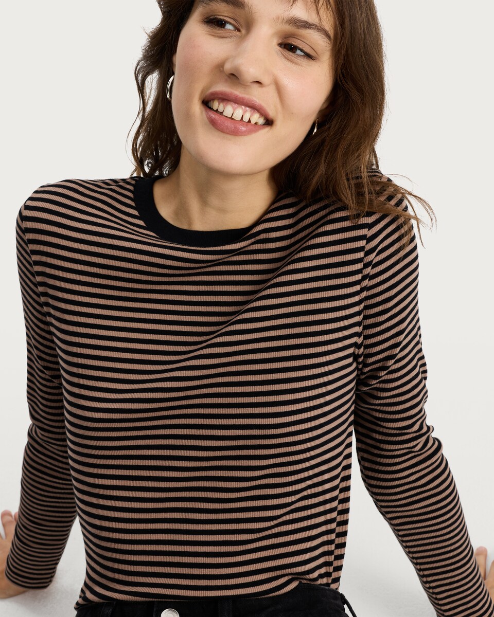 image 1 of F&F Cotton Rich Stripe Print Long Sleeved Top in Multi Black