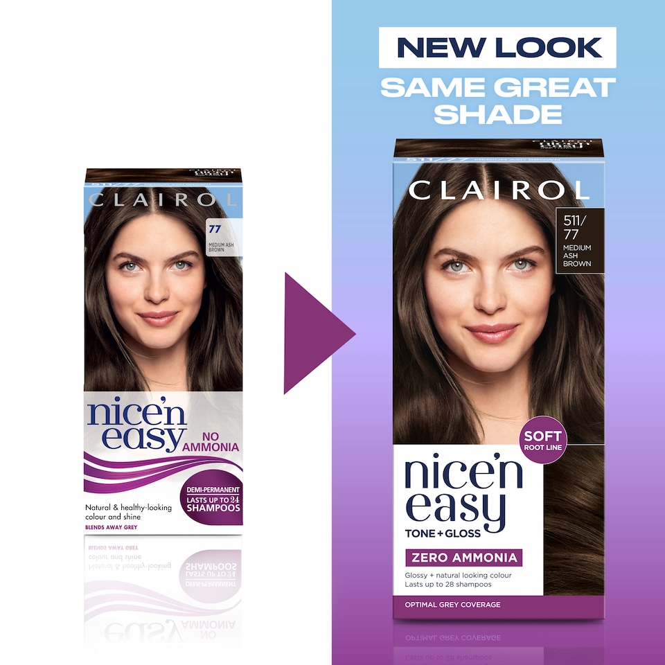 image 1 of CLAIROL NICE'N EASY TONE+GLOSS SEMI PERMANENT HAIR DYE - 511/77 MEDIUM ASH BROWN