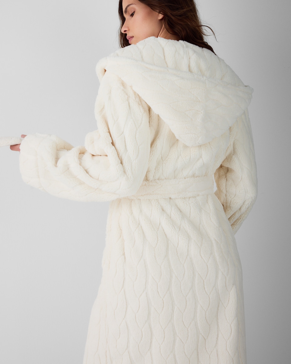 image 1 of F&F Fleece Cable Knit Hooded Dressing Gown in Cream