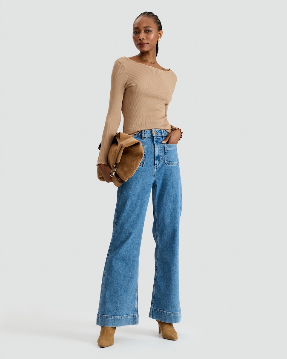 image 1 of F&F Ribbed Frill Accent Long Sleeved Top in Brown