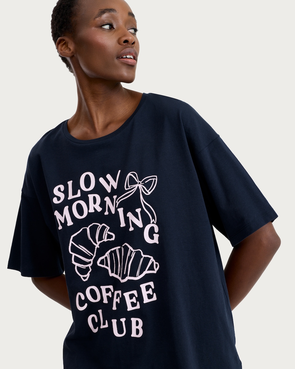 image 1 of F&F Pure Cotton Coffee Club Pyjama T-Shirt in Navy