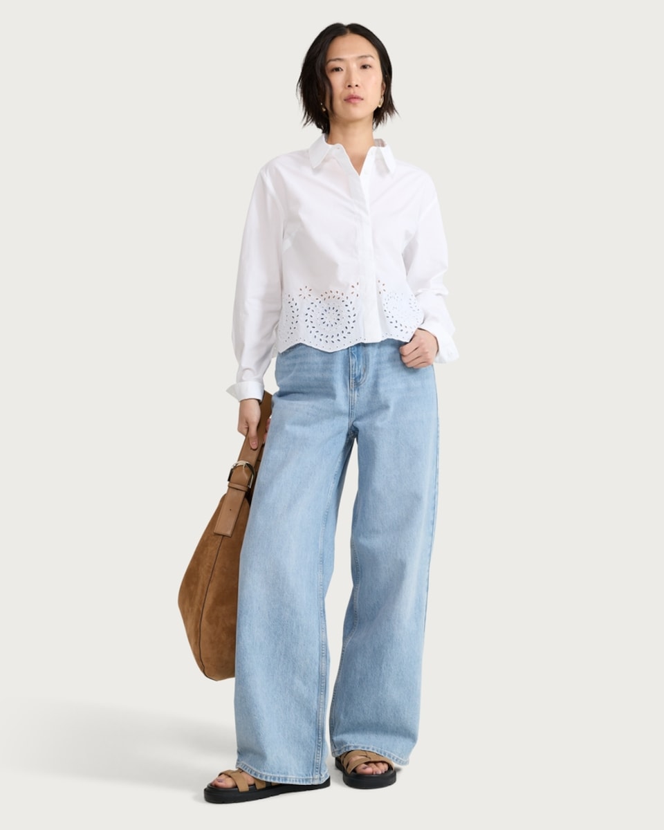 image 1 of F&F Pure Cotton Poplin Broderie Scalloped Hem Shirt in White