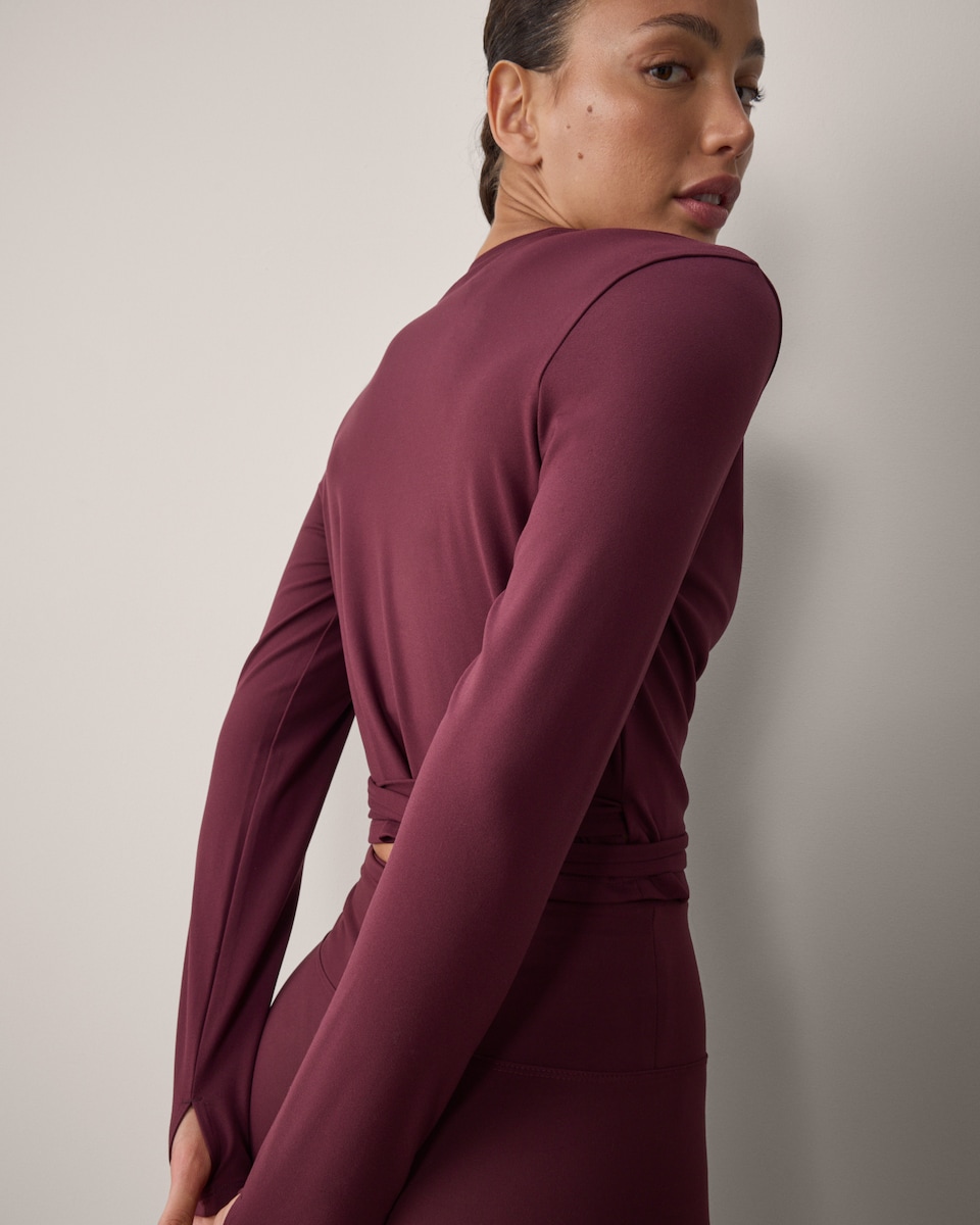 image 1 of F&F Active ULTRASTRETCH Wrap Long Sleeved Top in Burgundy
