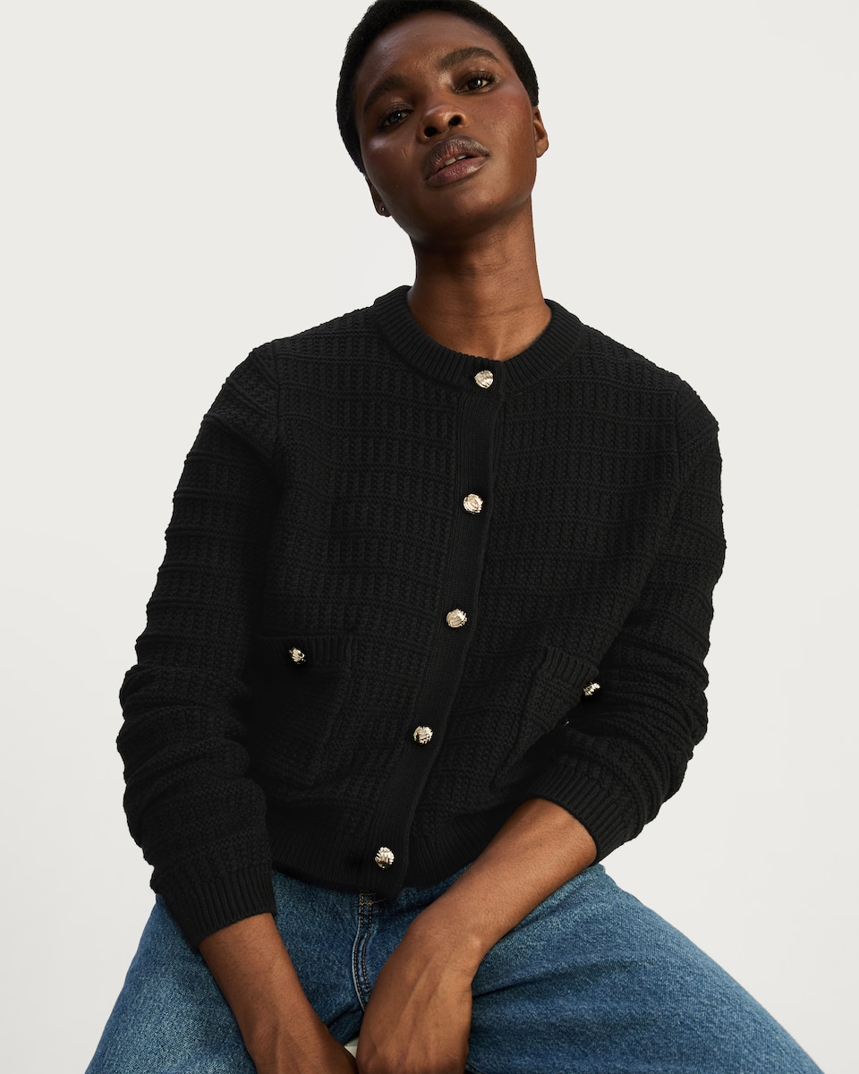 image 1 of F&F Textured Knit Button Front Cardigan in Black