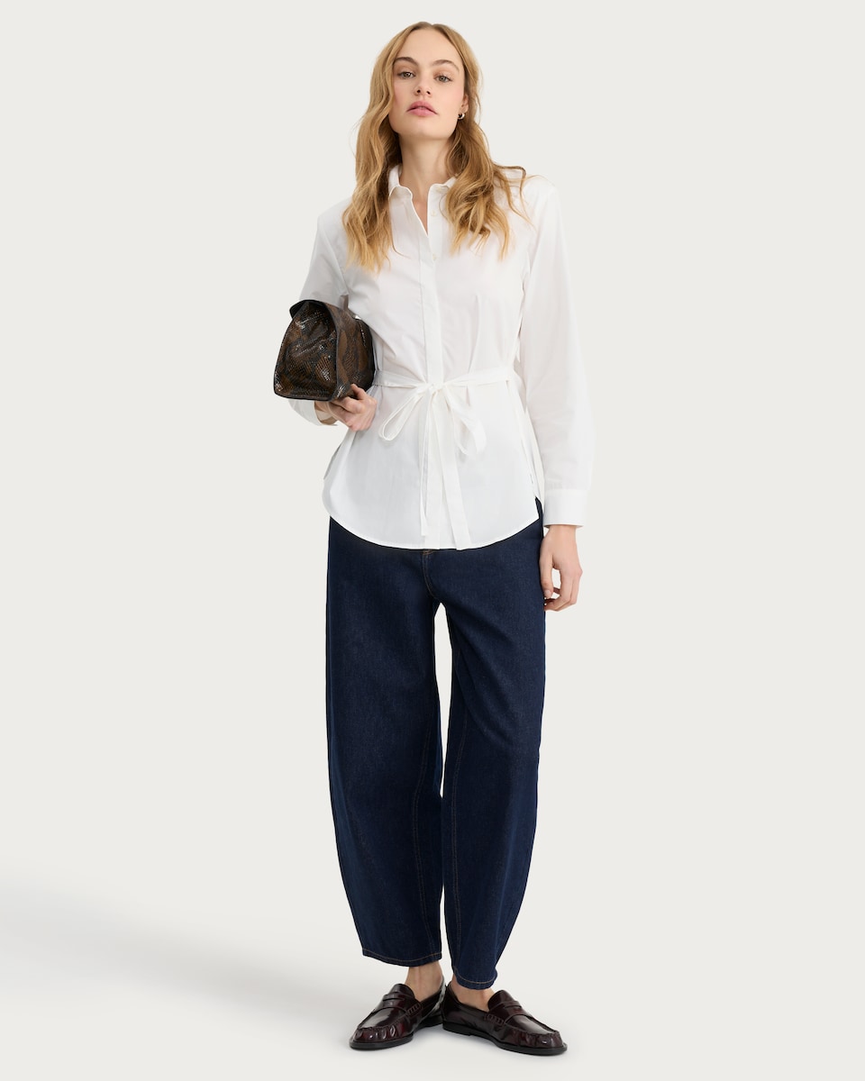 image 1 of F&F Pure Cotton Belted Long Sleeved Shirt in White