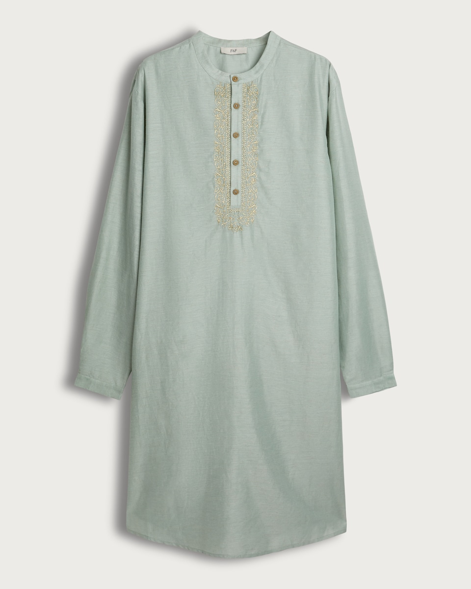 F&F Linen Lyocell Blend Embroidered Longline Kurta Shirt in Mint