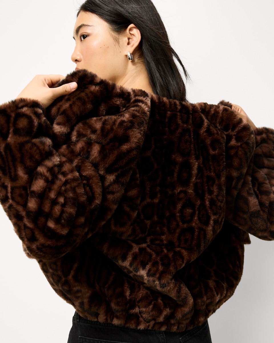 image 1 of F&F Faux Fur Zip Up Short Jacket in Multi Brown