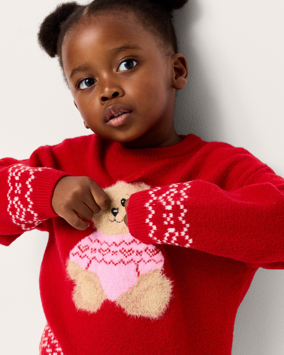 image 1 of Christmas Girls Teddy Jumper in Red