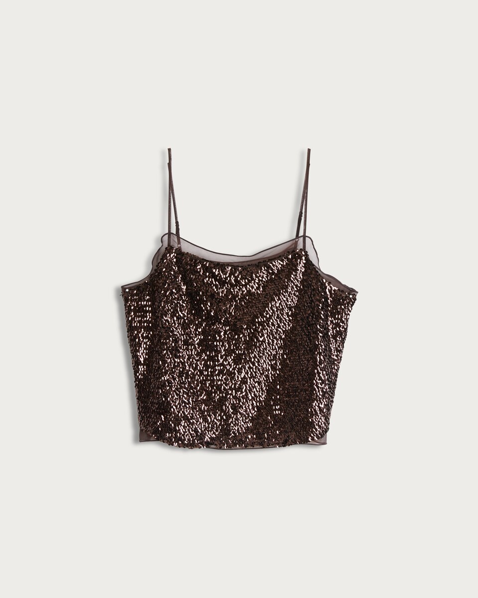 image 1 of F&F Organza Trim Sequin Embellished Co-ord Camisole in Brown