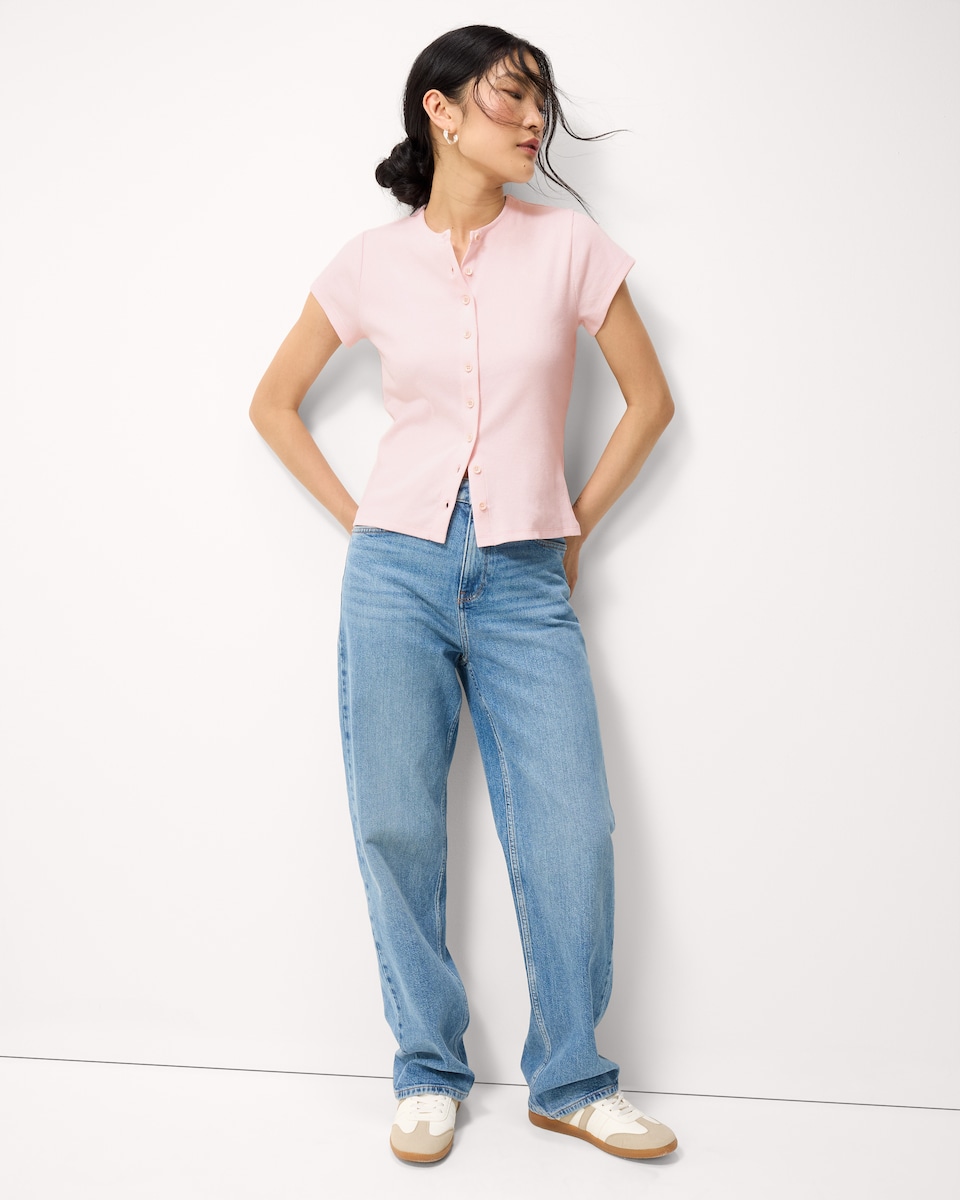 image 1 of F&F Cotton Rich Ribbed Button Up Top in Pink