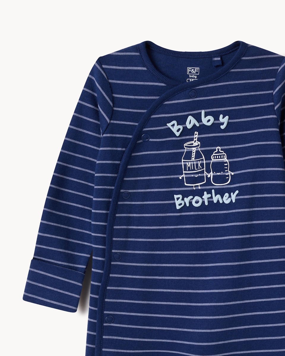 image 1 of F&F Baby Pure Cotton Baby Brother Striped Sleepsuit in Blue