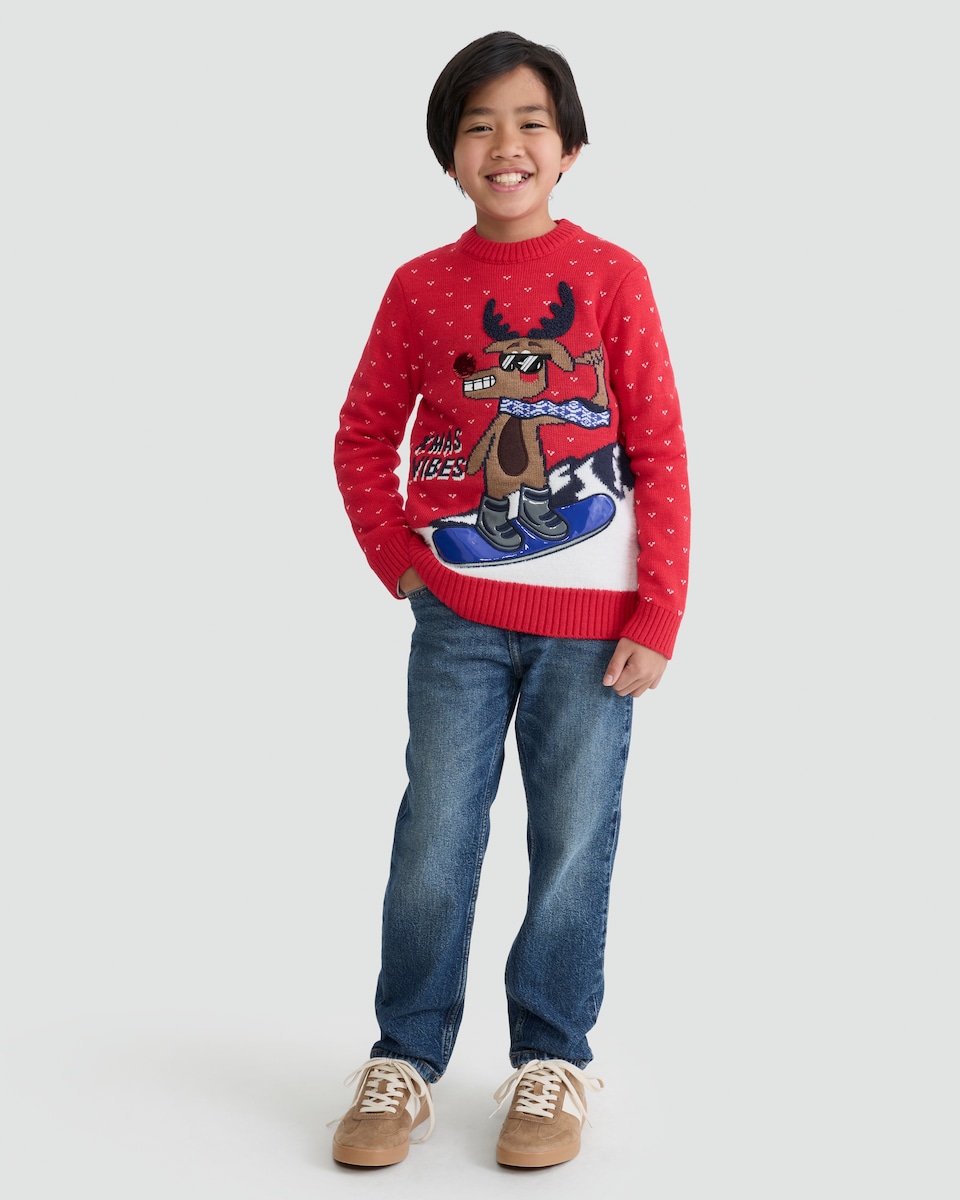 image 1 of F&F Boys Knitted Xmas Vibes Slogan Jumper in Red
