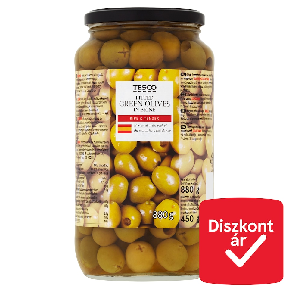 Tesco magozott, zöld olívabogyó 880 g