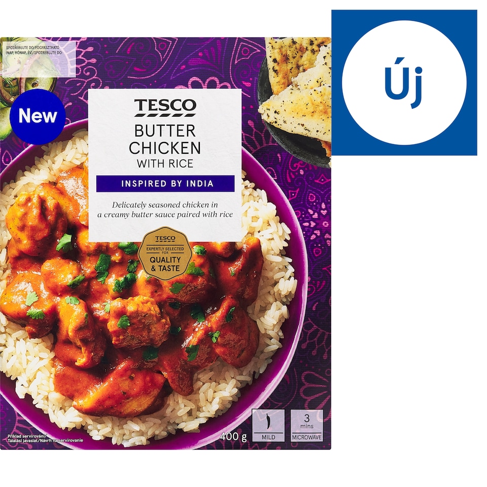 Tesco enyhén csípős vöröshagymás-vajas szósz főtt rizzsel és sült csirkecomb darabokkal 400 g
