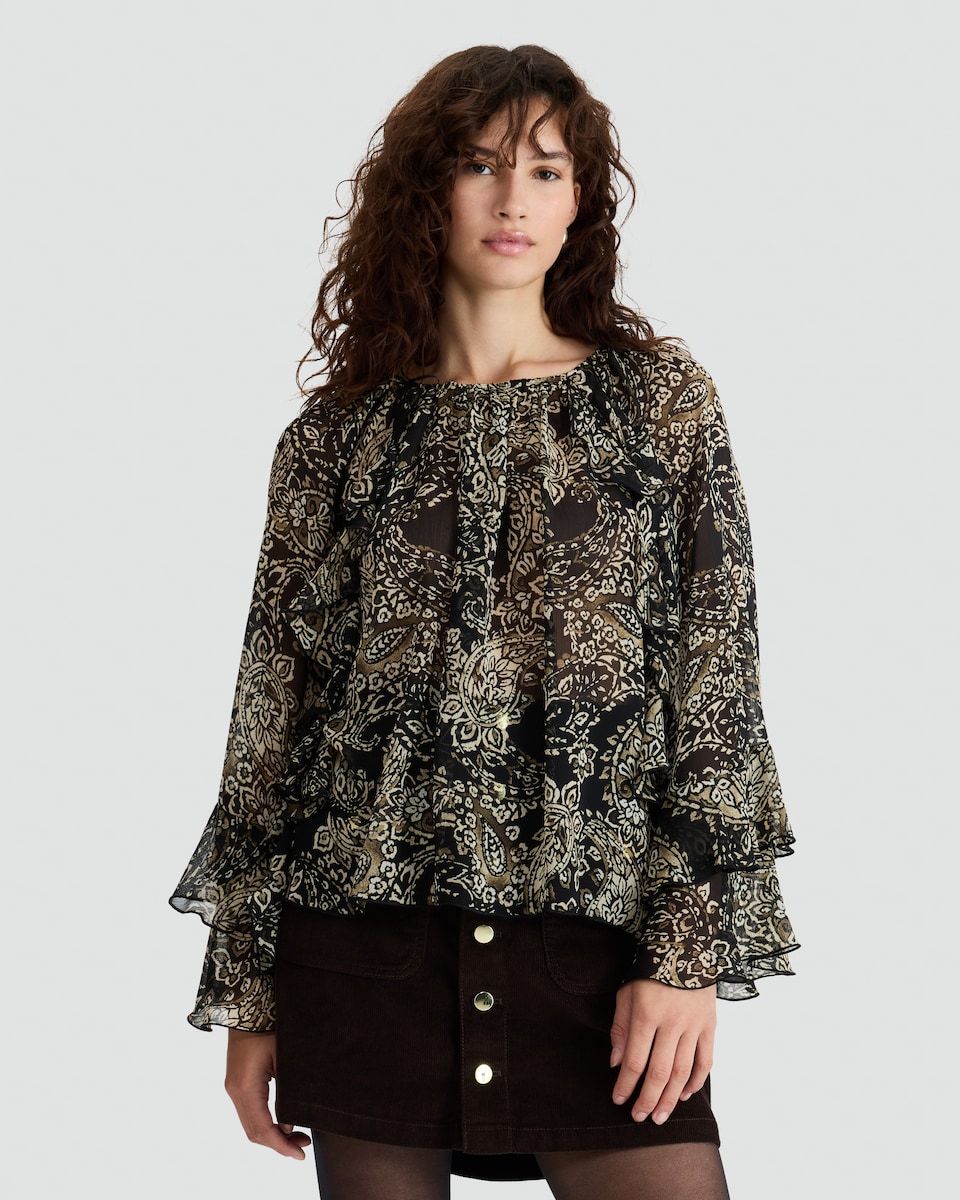 image 1 of F&F Paisley Print Ruffle Blouse in Multi Black White