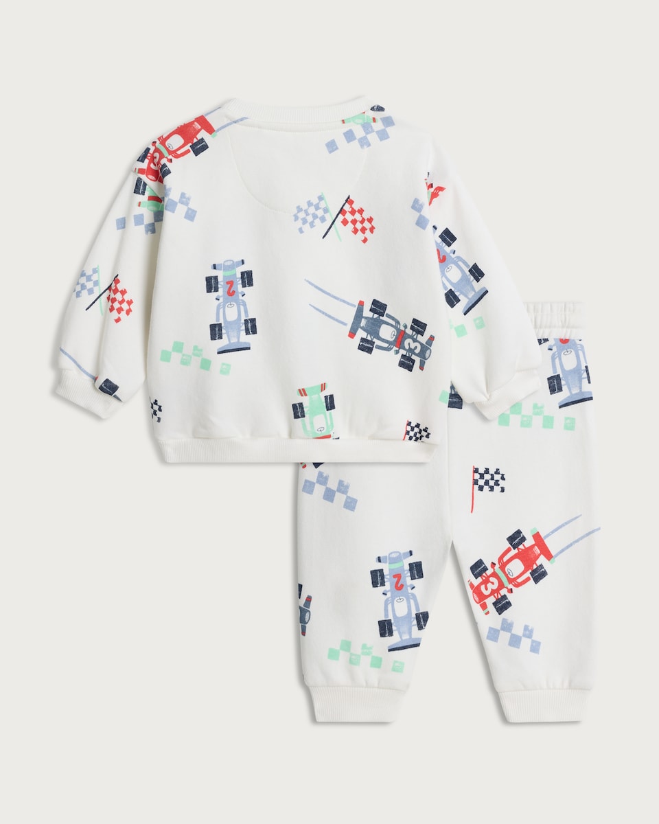 image 1 of F&F Baby 2-Piece Cotton Rich Racing Car Print Sweatshirt and Joggers Set in White