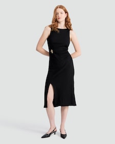 F&F Crinkle Textured Gold Buckle Sleeveless Dress in Black